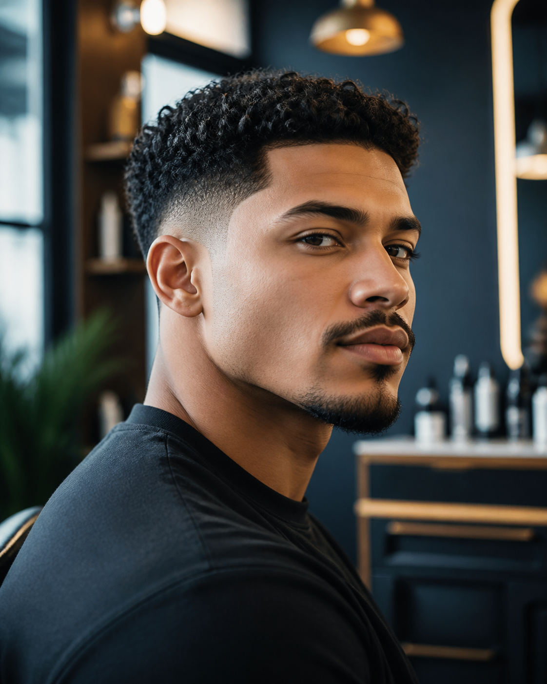 Exemplo ilustrativo de cabelo cacheado com taper fade
