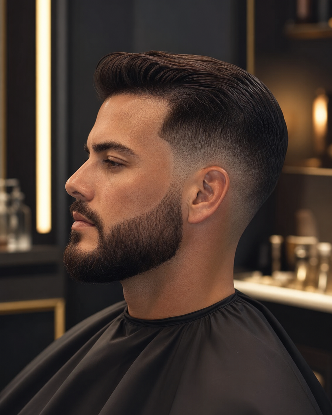 Exemplo ilustrativo de corte clássico com barba alinhada